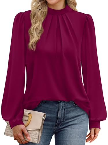 Image of WIHOLL Long Sleeve Shirts for Women Mock Neck Tops Pleated Front Blouses Dressy Casual Spring Fall Clothes 2026 Fashion