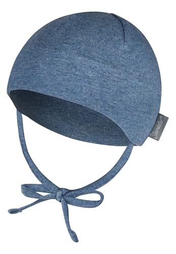Sterntaler OCS Beanie Melange – Unisex Baby Mütze mit angeschnittenen Ohrenklappen & Bindeband – aus Melange-Singlejersey (Bio), doppellagig – Übergangsmütze ab Geburt – Tintenblau, Gr. 45