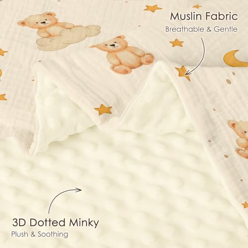Image of SANDJEST Brown Bear Minky Muslin & Dotted Blanket 30x40 in Gift for Holiday, Gender Reveal Party, Hospital Visit, Baptism