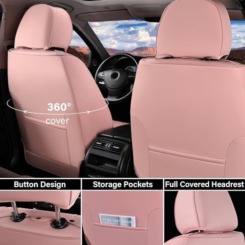 Image of Coverado Car Seat Covers Full Set, Nappa Leather Seat Covers for Cars, Waterproof Car Seat Covers Front Seats and Back, Automotive Car Seat Protector Car Seat Cushion Fit for Most Cars (Pink&Grey)