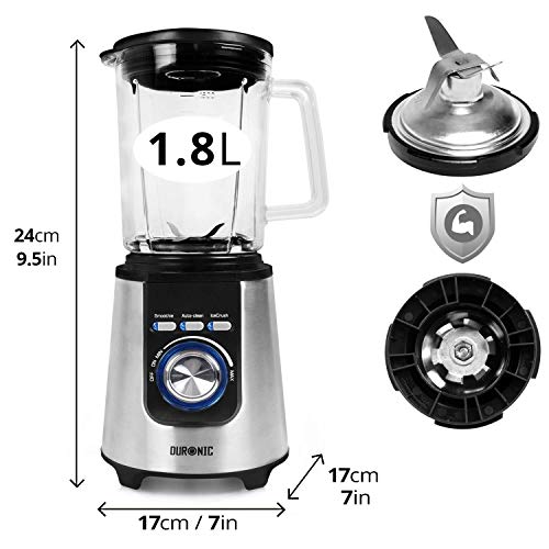 Duronic BL1200T Standmixer | 1,8 L Tritan Krug | Elektrischer Mixer 1200 W | Entsafter Edelstahlklingen | Smoothie Maker | Crush Ice Funktion | Protein Fitness | Babynahrung Blender Hochleitungsmixer