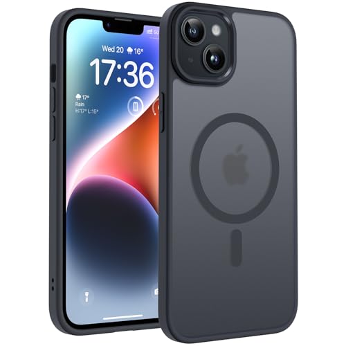 TOCOL für iPhone 14 Plus Hülle 6 7 Zoll Kompatibel mit MagSafe Vollständiger Kameraschutz Eingebauter Magnetring Stoßfest Kratzfest Transluzente Matt Handyhülle für iPhone 14 Plus Case Schwarz