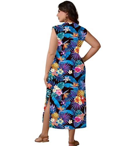 Image of UOUA Women Summer Maxi Dresses Plus Size Casual Hawaiian Sundress Sleeveless Loose Split Beach Dress with Pockets