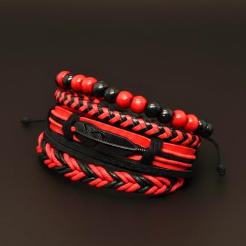 Image of THE MEN THING CRIMSON FEATHER - 4 Pcs Genuine Leather Adjustable Bracelet Set for Men & Boys (8 inch)