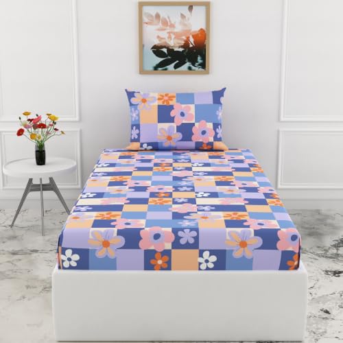 Image of LORETO - A QUALITY LINEN BRAND 144 TC 100% Pure Cotton Single Fitted Bedsheet with 1 Pillow Cover for 72 x 36 Inch Mattress, All-Around Elastic, 8 Inch Deep Pocket, Pastel Floral Checkered