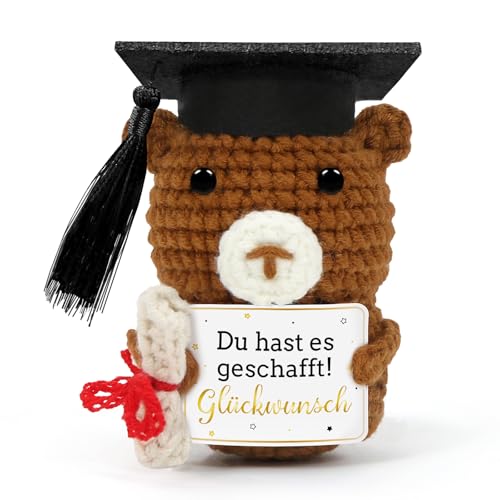 Aurasky Gestrickter Bär mit Doktorhut, Kreative Strickwolle Bear Puppe, Abitur Deko, Pocket Hug Mini Bär, Abschluss Geschenk für ABI Bachelor Master Doktor Abschlussfeier C27