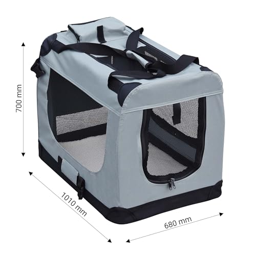 Fudajo Faltbare Transportbox für Hunde, Katzen XXXL (101x68x70cm), robust, leicht, sicher, Hundebox mit Tragegriff und Decke, Grau