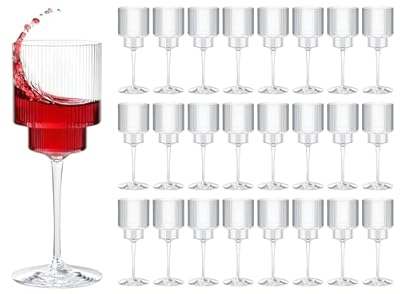 24PCS Ribbed Plastic Wine Glasses - 12oz Unbreakable Wine Glasses with Stem, Disposable Clear Plastic Champagne Cups with Ribbon for Party, Wedding, Poolside, Outdoor, Camping, Picnic