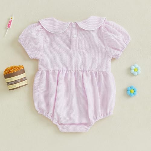 Baby Girls Birthday Bubble Romper Cap Sleeve Cake Embroidery Smocked Ruffle Bodysuit Outfits3