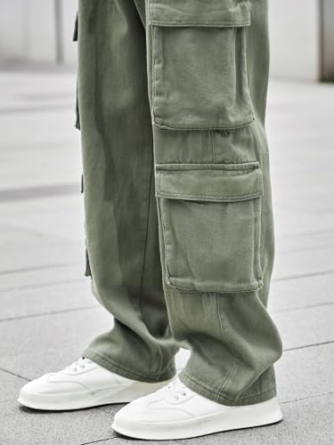 Image of Men's 8 Pocket Cargo Pants | Premium Cotton Twill Baggy Fit Trousers | Stretchable Casual Streetwear Cargos | Mid Rise