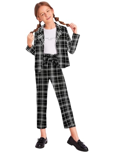 Image of Milumia Girl's Two Piece Outfit Plaid Open Front Blazer and Pants Set Multi Black 8 Years