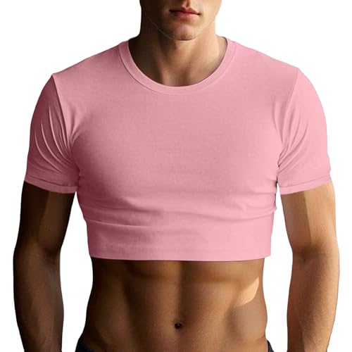 Gefomuofe Crop Top Herren Sport Fitness Short T-Shirt Fitness Sport Muskelshirts Bodybuilding Gym Kurzarm Shirt Schmale Passform Tops Clubwear Tops, Rosa., M