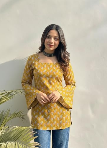 Image of ANNI Designer Women's Viscose Blend Printed Short Kurti | Straight Fit Casual Ethnic Top | Square Neck Full Sleeve Kurta Office College