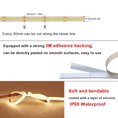 TOPAI 24V COB LED Strip 10M Warm White 3000K Outdoor Waterproof Dotless Super Bright 7000Lm, CRI>93, Self Adhesive, 384LED/M, 8mm Width, Flexible Cuttable for Cabinet Home DIY Lighting Projects