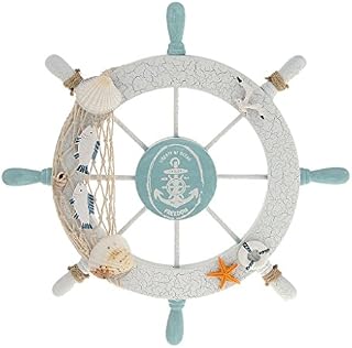 Rienar Nautical Beach Wooden Boat Ship Steering Wheel Fishing Net Shell Home Wall