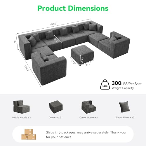 Image of MONVANE Oversized Boneless Sectional Couches for Living Room, 10-Seat Cloud Couch, Modular Sofa with Ottoman & 10 Throw Pillows, Comfy Chenille, No Assembly Required, Gray