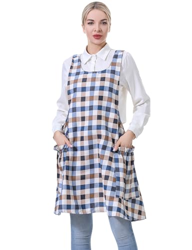 Image of Cozy Adjustable Cross Back Aprons for Women with Pockets Cotton Linen Cooking Kitchen Baking