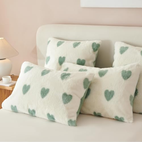 Sacebeleu Winter Bettwäsche 155x220 Plüsch Langhaar Flauschig Flanell Biber Bettbezug Grün Weiß Herzen Winterbettwäsche Warme Bettbezug und… – Ansicht 4