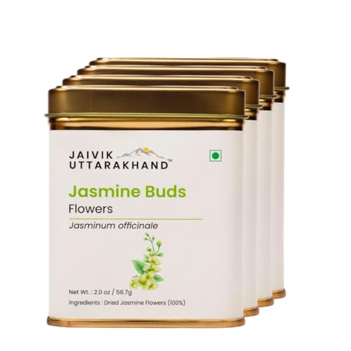 Image of Jaivik Uttarakhand - Dried Jasmine Tea Loose Leaf (226.8 g), No Additives, Sweet Fragrant Flavor, Healthy Beverages, Pack of 4 Tin Box