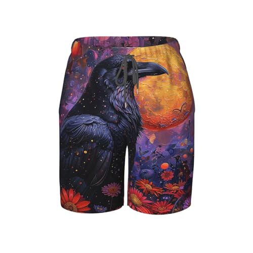 Boys Swim Trunks Beach Board Shorts Summer Bathing Suits Teen Kids, Raven Moon Flowers