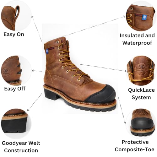 GOODVILLE Men's Catskill-Series 9" Composite Toe 600G Insulated Waterproof Logger Work Boots for Men, ASTM-F2413 EH-Rated, Lace Up Industrial and Construstion Work Shoes with Oil and Slip Resistant Outsole, Durable, Quick Dry, Comfortable, Brown - LS102WI3