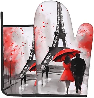 Oven Mitt and Pot Holders 2 Sets, Eiffel Tower Flower Kitchen Pot Holders Non-Slip BBQ Gloves