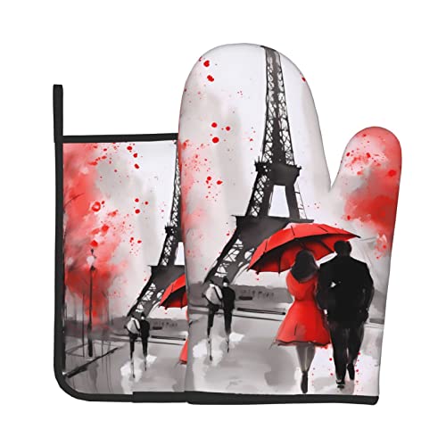 Oven Mitt And Pot Holders 2 Sets, Eiffel Tower Flower Kitchen Pot Holders Non-Slip Bbq Gloves #TOP17