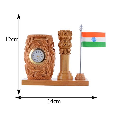 Image of Craft Trade 14x12 Cm Round Wooden Pencil Holder with Clock Ashok Stambh and Indian Flag - Brown Carved
