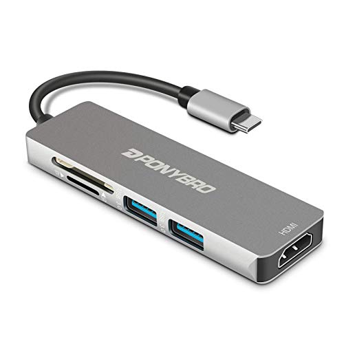 PONYBRO USB C Hub Adapter,5-in-1 USB C Dongle 4K HDMI Adapter,SD/TF Card Reader,2 USB 3.0 Ports for MacBook/Pro/Air/iMac/iPad Pro/Chromebook/Pixelbook/XPS and Type C Laptops (Renewed)