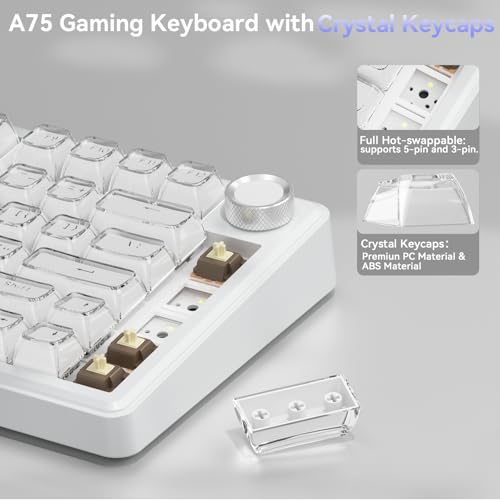 Image of SOLAKAKA A75 Wireless Gaming Keyboard with Multifunction Knob, BT5.0 /2.4GHz /USB-C, 75% Mechanical Keyboard, Hot-Swappable, Gasket Creamy Keyboard with RGB Backlit, Crystal Keycaps, for PC /Mac /PC