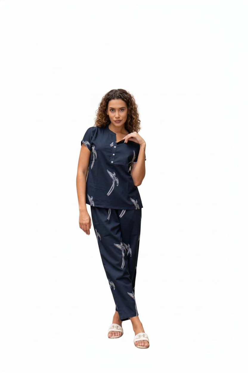 Women's Bird Print Pajama Set, Short Sleeve Top and Full Length Pants, Casual Loungewear for Women and Grils.-picture-19