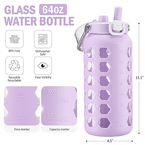 Image of MUKOKO 64oz Glass Water Bottle with Straw and Lid, Purple