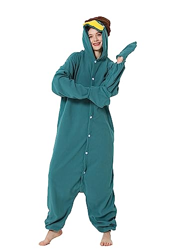 LorranTree Schnabeltier Kostüm Onesie Platypus Tier Kostuem Damen Herren Schlafanzug Weihnachten Karneval Einteiler YZS-Green-L