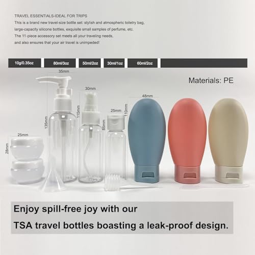Image of 11 Pcs Travel Bottle Kit for Toiletries For Women & Men | Refillable Squeezable Containers Set for Shampoo, Lotion, Facewash with Clear Travel Pouch