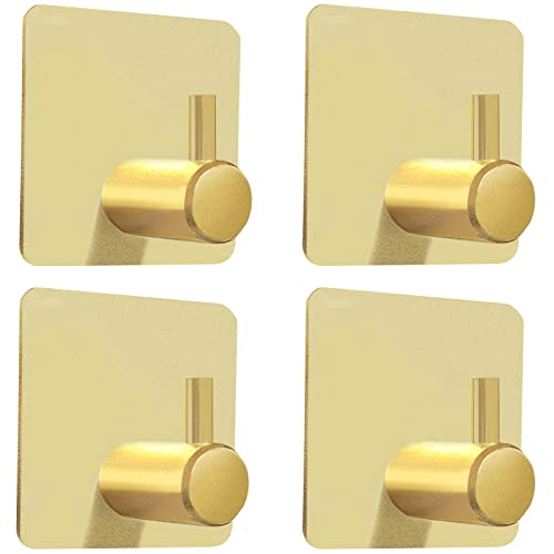 Biomoty Gold Adhesive Hooks, 4 Pack Wall Hooks Heavy Duty, Waterproof Sticky Hook for Hanging Towel, Key, Coat, Hat, Robe, Clothes, Towel Hook for Bathroom Kitchen Wall Mounted (Gold)