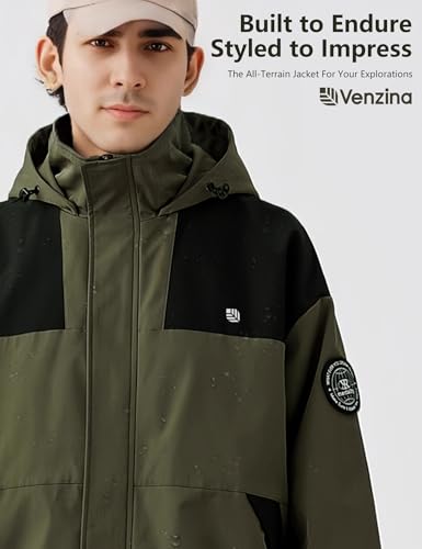 Image of Venzina Men's Waterproof Rain Jacket-Lightweight Windbreaker with Color Block Design, Breathable for Urban Outdoor, Daily Commuting I Fashion Unisex Couple Jacket