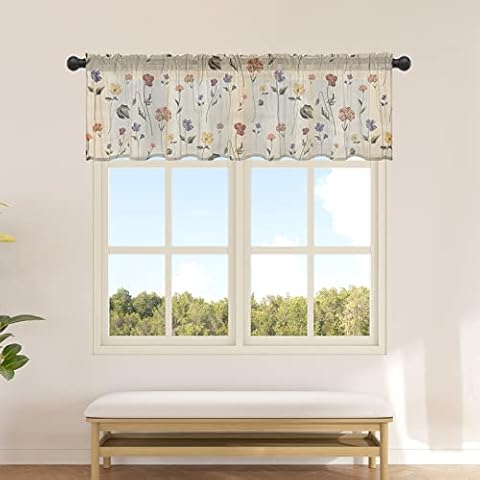 Futuregrace Retro Small Floral Sheer Valance Curtains for Kitchen Living Room Decor, Rustic Vintage Flowers Semi Sheer Curtain Voile Valance Rod Pocket Window Treatment Short Curtain Panel 54"x18" Cover