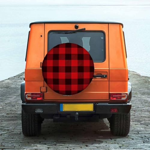 Image of Lumberjack Plaid Pattern Spare Tire Cover 15 inch Wheel Red Black Plaid Mesh Regular Repeat Squares Classic Protectors Weatherproof Universal for Trailer Tire Cover Rv SUV Truck Camper Travel Trailer