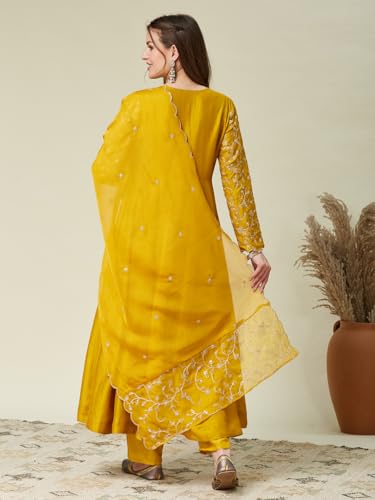 Image of MOKOSH Women's Silk Anarkali Kurta Pant with Dupatta | Anarkali Kurta Set | Embroidered | 3 Piece Outfit | Floral Ethnic Suit 4 Colour Options Available