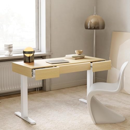 Image of HUANUO 48 Inch Standing Desk with Drawers, Electric Adjustable Height Stand Up Desk with Storage, Whole-Piece Board Computer Workstation for Home Office, Light Walnut