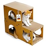ROXLIN Katzen TV-Möbel, Holzdesign in Gelb, Kratzfläche mit Katzenhöhlen, Modernes Katzenspielzeug für Wohnzimmer, Möbelschutz mit Spielfunktion (Tunnel-Modell)