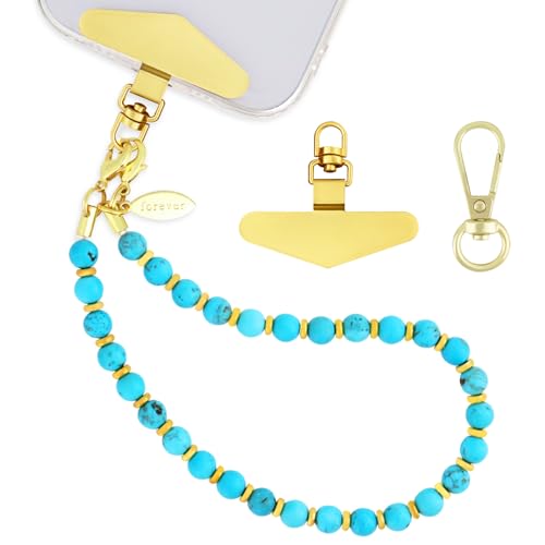 Image of Yiflin Natural Crystal Beaded Phone Charm Strap, Handmade Phone Wrist Strap with Metal Tether Tab, Elegant Wristlet Keychain Lanyard for Women (Turquoise)