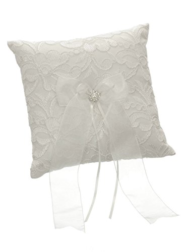 DivaDesigns Floral Embroidery Chiffon Ribbon Crystal Framed Faux Pearl Wedding Ring Pillow Ivory