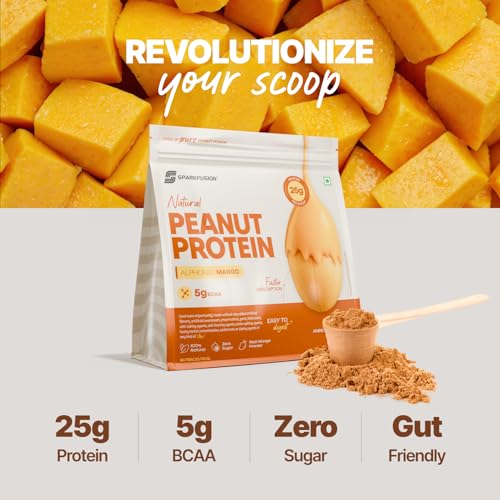 Image of SparkFusion Natural Peanut Protein Isolate - Flavor - 25g Protein, 5g BCAA, Zero Sugar, Gut-Friendly, Vegan, Lab-Tested, No Artificial Additives (500 g (Pack of 1), Alphonso Mango)