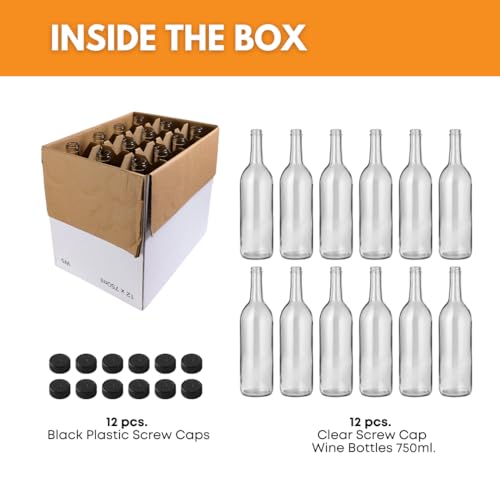 FastRack 750 ml Clear Bordeaux Wine Bottles (Pack of 12) Screw top finish with 12 Black PLASTIC caps | W5 Flint Flat-Bottomed Glass Bottles Ideal for Wine Making and Storage - Image 3