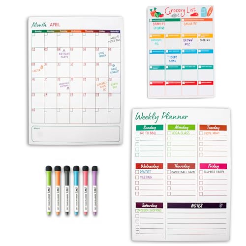 Magnetic Calendar for Fridge Set of 3 13”x17” Vertical Magnetic Fridge Calendar Dry Erase, Weekly Planner to-do List Family Calendar with 6 Dry Erase Pens by Mommy Marvel