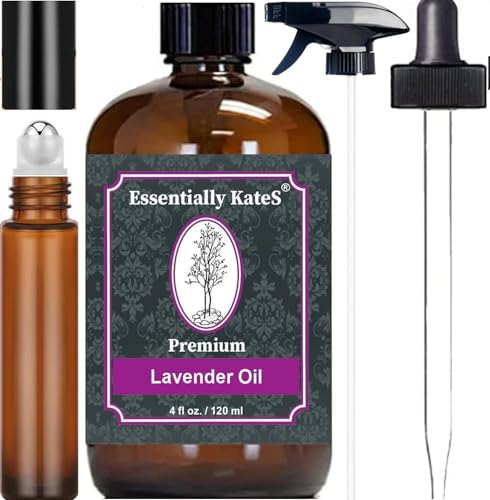 Essentially KateS Lavender Oil 100% Pure & Natural Steam-Distilled with Glass Dropper Roll-On Bottle & Sprayer for Aromatherapy Skin & Home Use
