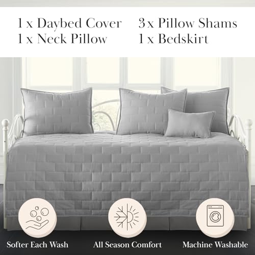 Image of Southshore Fine Living, Inc. Twin Daybed Comforter Set, 6-Piece Bedding Set with Twin Daybed Cover, 3 Pillow Shams, Bed Skirt, Throw Pillow - Day Bed Quilt Set, Brickyard Steel Grey