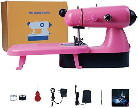 Flying Banana Mini Sewing Machine for Beginners, Girls Sewing Machine Ages 8-12 Kids, Pink Sewing Machine Lightweight Small Electric Maquina De Coser with Extension Table, LED Light
