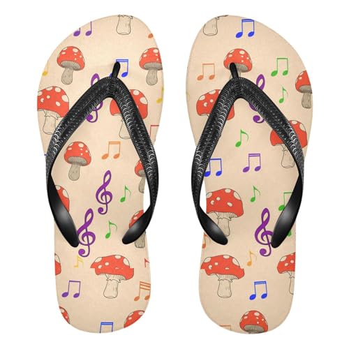 Mushroom Music Note Beige Flip Flops for Beach Thong Sandals Anti-slip Lightweight Shower Shoes for Summer Travel Swim